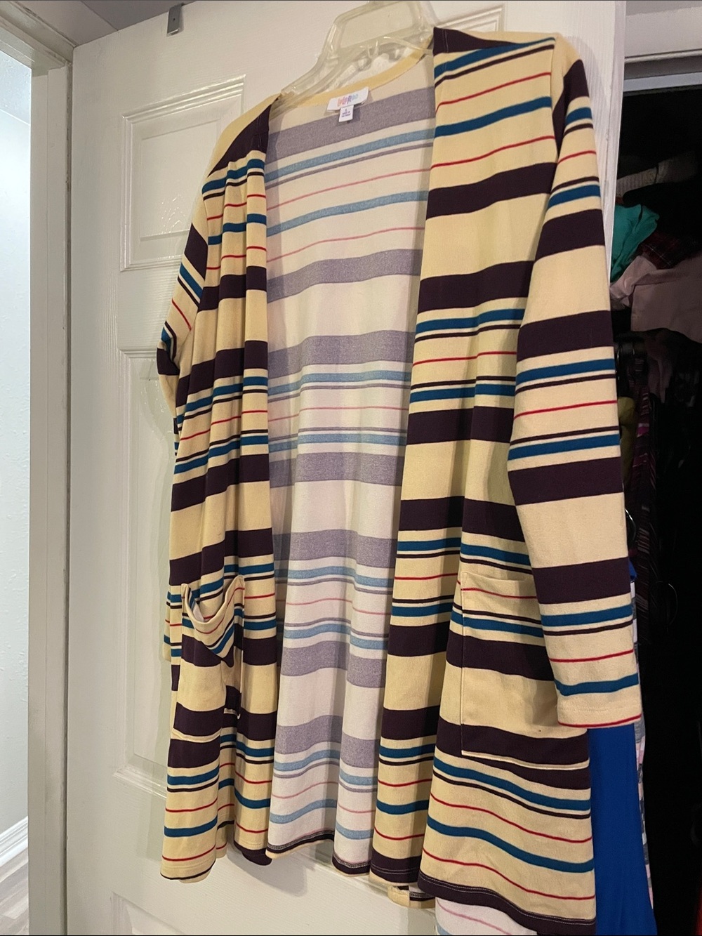 LuLaRoe Cream Cardigan with Navy, Blue and Red Stripes